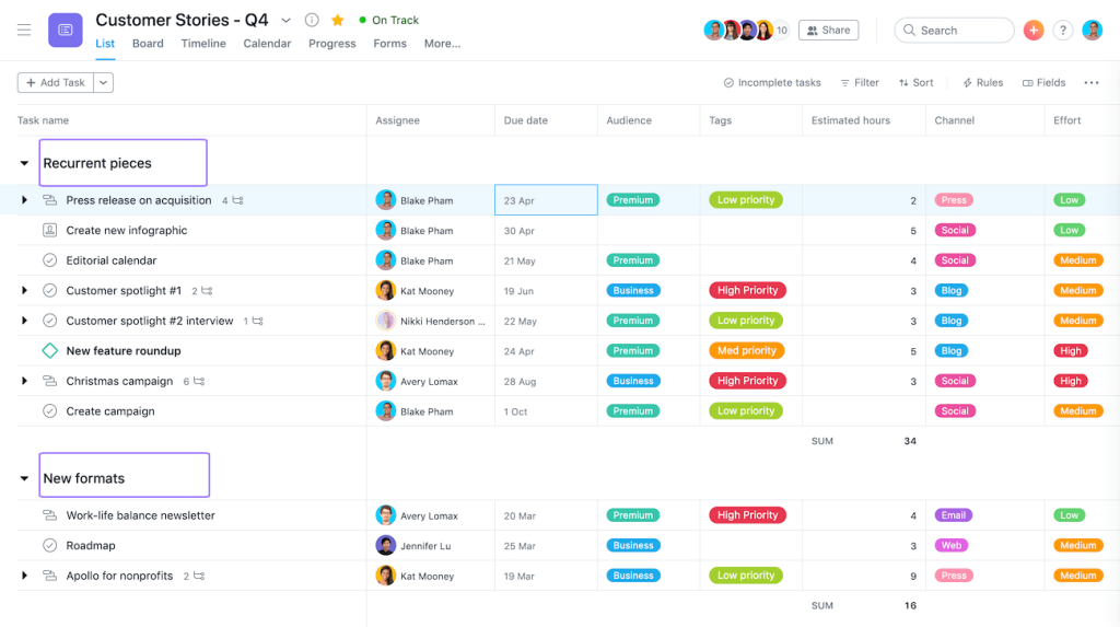 Asana interface Asana interface